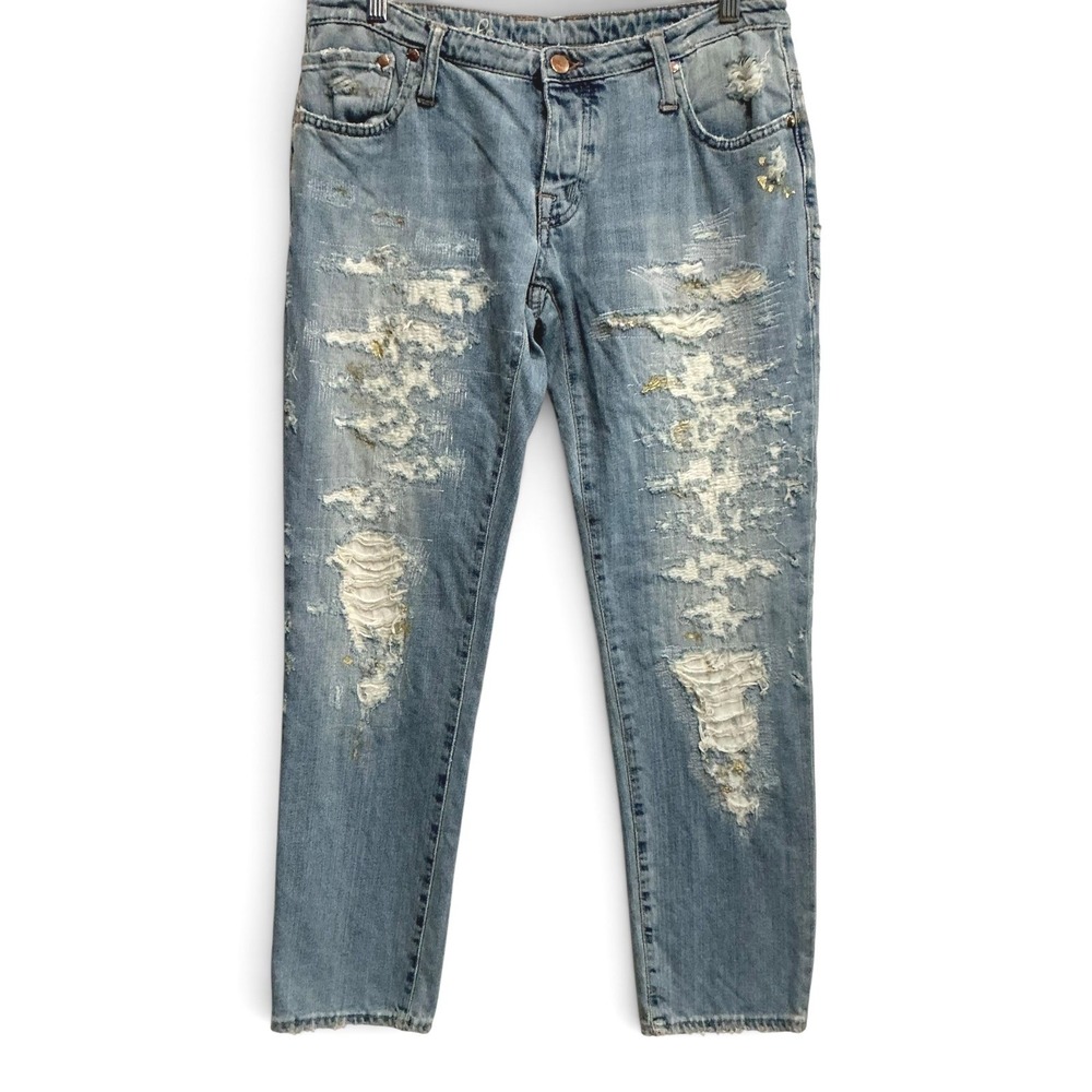 People (+) Denim Chocolate Artisan Distressed Gold Paint Splatter Jeans Italy 29